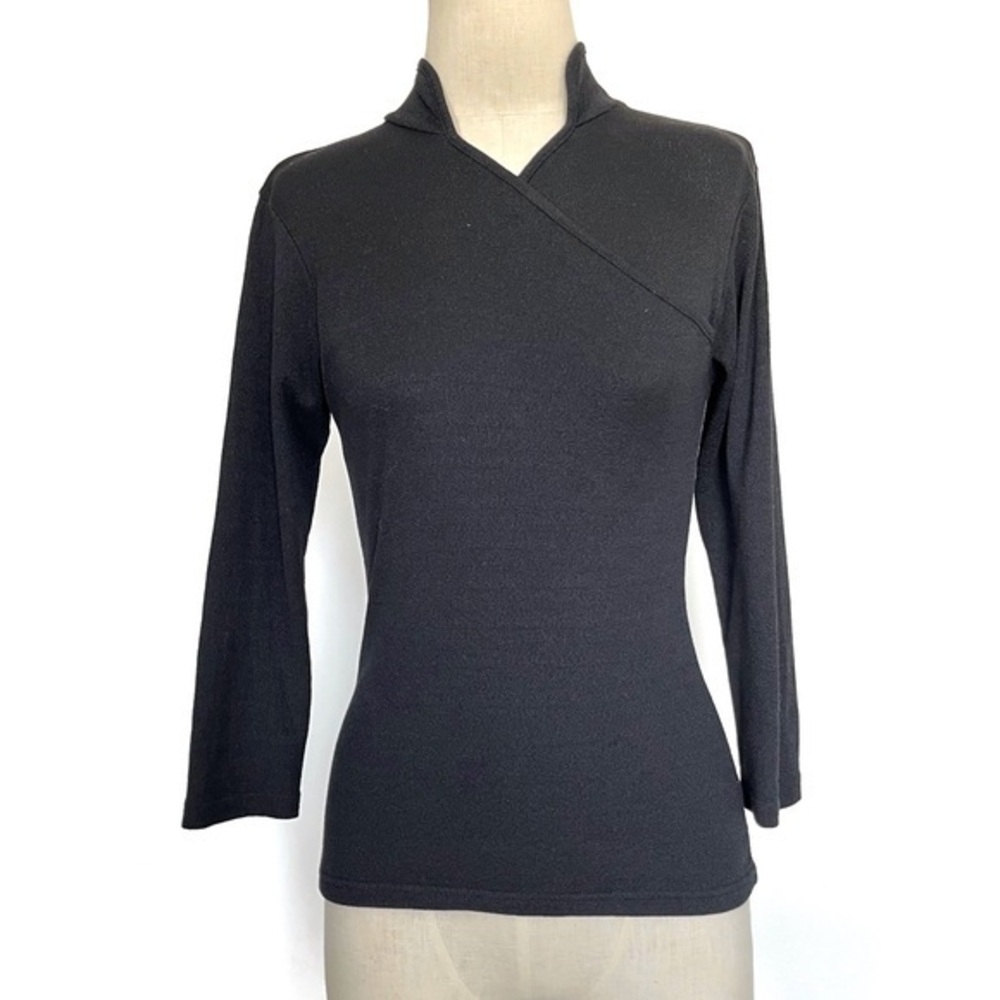 Michael Stars Black Shine Asian High Neck Crossover Wrap Long Sleeve One Size